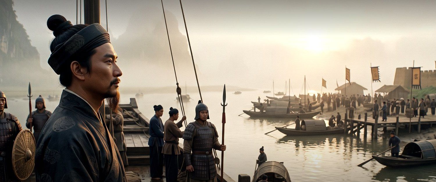 Lý Công Uẩn on the deck of a ship at dawn, looking toward the wharf at Đại La