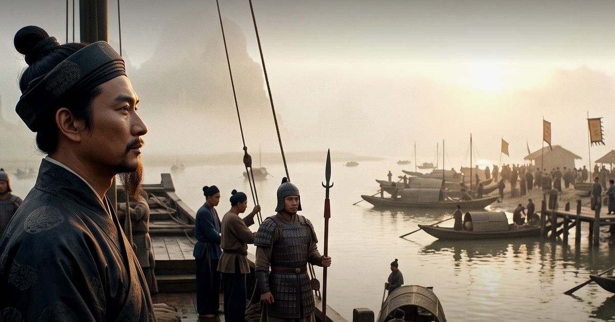 A boat deck at dawn, a bearded man looking toward a distant wharf.