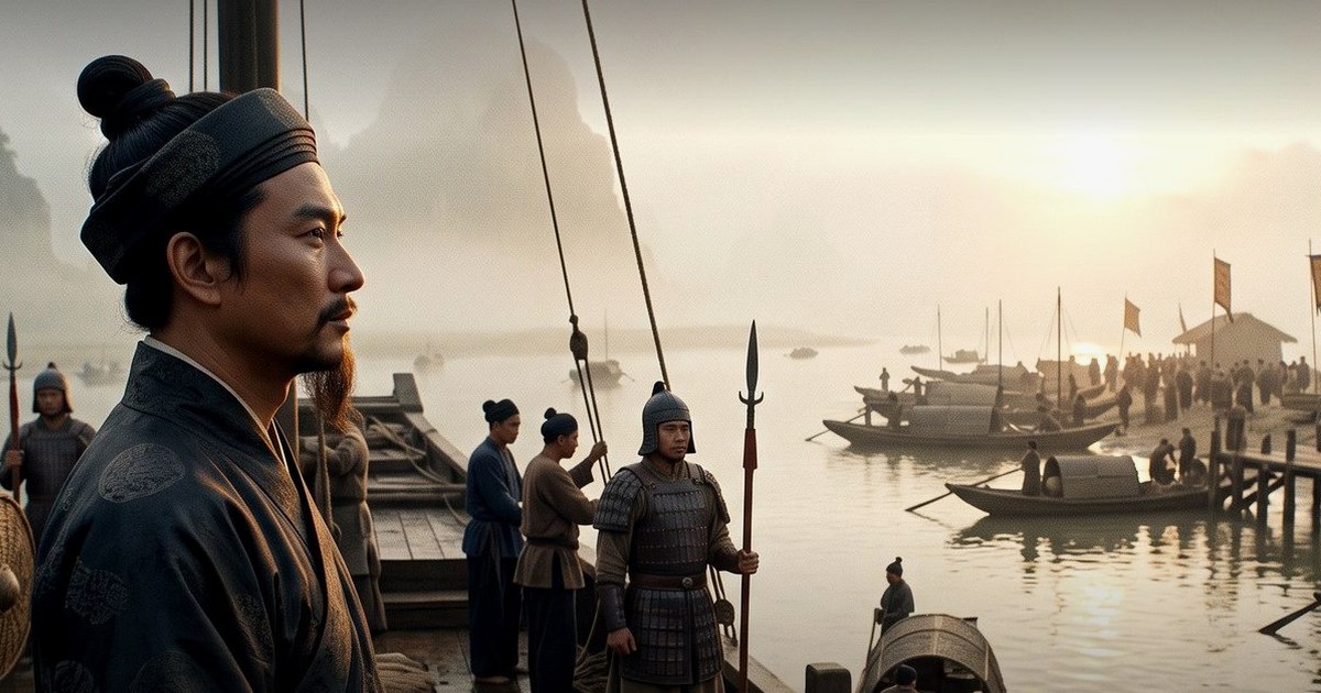 رجل ملتحٍ بثوب داكن يقف على سفينة عند الفجر، ناظرًا نحو رصيف بعيد.