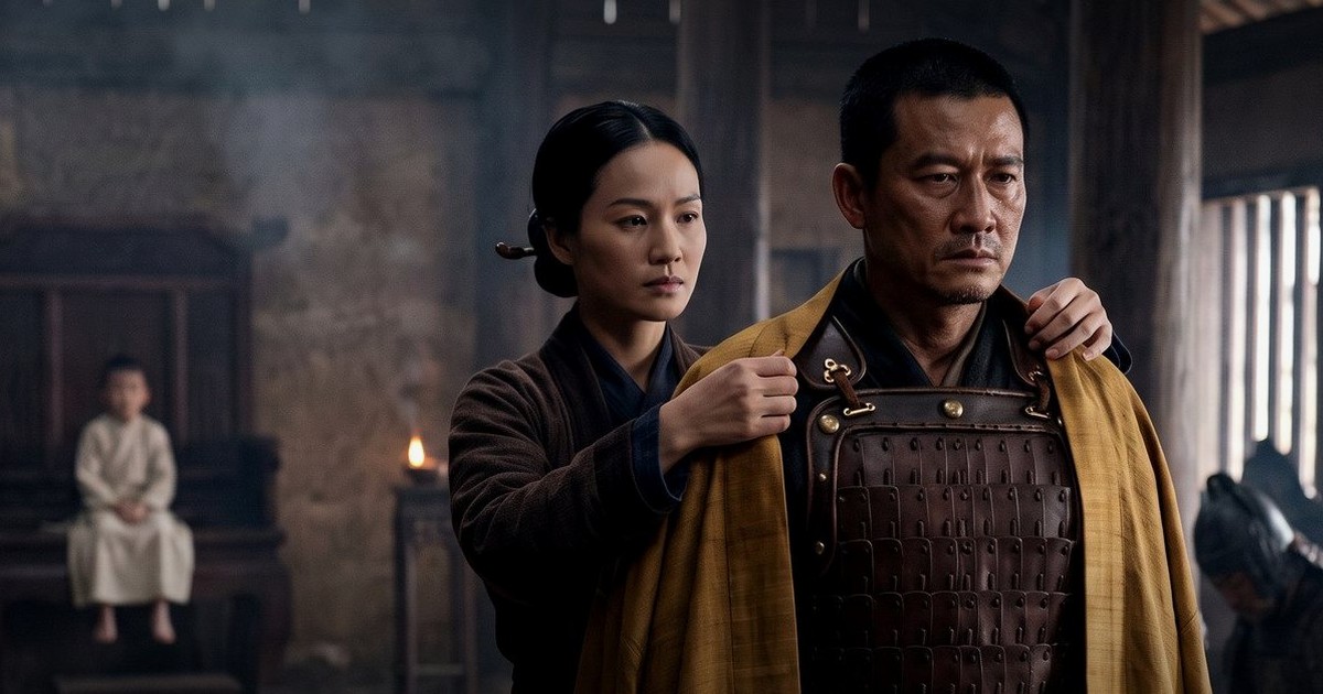 Dương Vân Nga把龙袍披上Lê Hoàn的肩头——Đại Cồ Việt预告片中的剧照